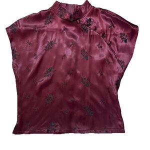 SzS 90s Maroon & Black Satin Embroidered Qipao Style Shirt By POSSESSED By Shaco